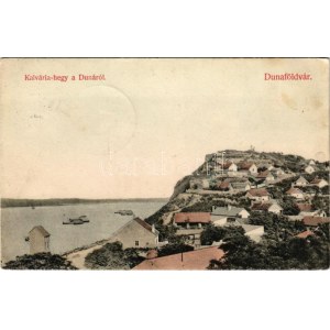 1908 Dunaföldvár, Kálvária hegy a Dunáról, hajómalom. Somló Manó kiadása / floating shop mill (boat mill) (EK...