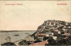 1908 Dunaföldvár, Kálvária hegy a Dunáról, hajómalom. Somló Manó kiadása / floating shop mill (boat mill) (EK...