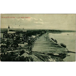 1912 Dunafölvár, a város látképe, hajómalom a Dunán. W.L. Bp. 275. / Danube with floating watermill (boat mill) ...