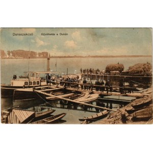 1915 Dunaszekcső, Gőzátkelés a Dunán, gőzhajó, komp. Balogh Pál kiadása (fa)