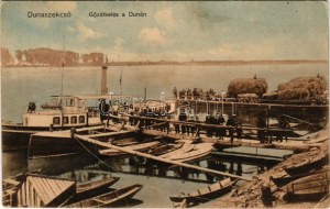 1915 Dunaszekcső, Gőzátkelés a Dunán, gőzhajó, komp. Balogh Pál kiadása (fa)