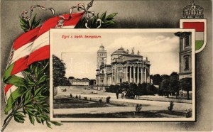 Eger, római katolikus templom. Magyar zászlós címeres szecessziós keret. Baross nyomda kiadása (gyűrődés / crease...