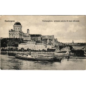Esztergom, a vártemplom és a prímási palota a dunai oldalról, hajóállomás. Kardos Dezső kiadása (EK...