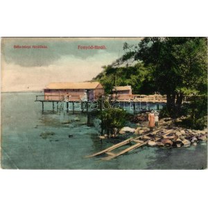 1911 Fonyód, Bélatelepi fürdőház, sínek. Kajos Vilmos kiadása (EB)