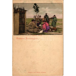 1900 Hortobágy, Parasztok étkezése, magyar folklór. Pongrácz Géza kiadása, litho (EK)