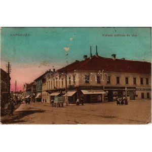 1915 Kaposvár, Korona szálloda és utca, Hegyi József, Kertész Lajos üzlete (gyűrődés / crease...