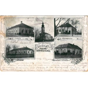 1907 Magyarbánhegyes, Magyar-Bánhegyes; Római katolikus templom, iskola, községháza, Fogyasztási szövetkezet üzlete...