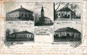 1907 Magyarbánhegyes, Magyar-Bánhegyes; Római katolikus templom, iskola, községháza, Fogyasztási szövetkezet üzlete...