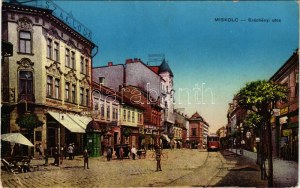 1919 Miskolc, Széchényi utca, Pannonia Szálloda, villamos, üzletek. Grünwald Ignác kiadása (EB...