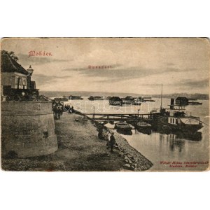 Mohács, Duna-part, hajómalom csoport a Dunán, hajóállomás. Weiser Miksa kiadása / floating ...