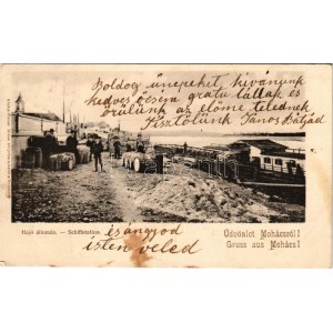 1903 Mohács, Duna part, hajóállomás, úszó vízimalom, hajómalom. Kiadja Weiser Miksa / Danube boat mill (EK...