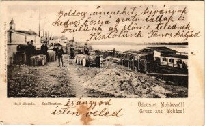 1903 Mohács, Duna part, hajóállomás, úszó vízimalom, hajómalom. Kiadja Weiser Miksa / Danube boat mill (EK...