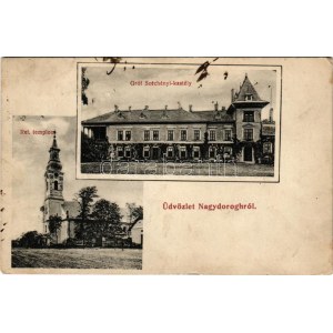 1918 Nagydorog, Nagydorogh; Gróf Széchenyi kastély, Református templom. Lévai Nándor kiadása (EK...