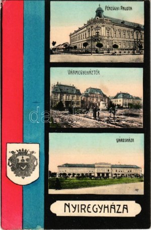 1909 Nyíregyháza, Pénzügyi palota, Vármegyeház tér, Városháza. Deutsch M. kiadása. Szecessziós, címeres keret (EK...