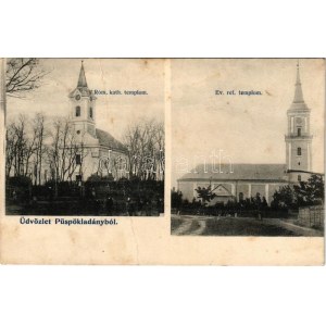 1908 Püspökladány, Római katolikus templom, Református templom. Divald Károly fia kiadása (fa...