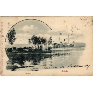 1902 Siófok, Móló, BAROSS gőzös, gőzhajó. Ellinger Ede cs. és kir. udvari fényképész kiadása, Art Nouveau ...