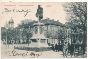 1913 Sopron, Széchenyi szobor, zsinagóga, üzletek. Blum Náthán és fia kiadása