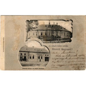 1906 Szarvas, Dr. Lengyel Sándor palotája, Sámuel Adolf könyv és papír üzlete és saját kiadása. Art Nouveau (szakadás ...