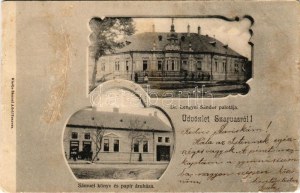 1906 Szarvas, Dr. Lengyel Sándor palotája, Sámuel Adolf könyv és papír üzlete és saját kiadása. Art Nouveau (szakadás ...