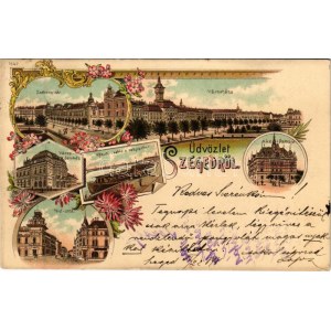 1898 Szeged, Széchenyi tér, Városháza, Városi színház, Közúti vashíd a rakparttal, Híd utca, MÁV palotája. Art Nouveau...