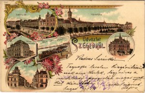 1898 Szeged, Széchenyi tér, Városháza, Városi színház, Közúti vashíd a rakparttal, Híd utca, MÁV palotája. Art Nouveau...