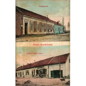 1910 Szentlőrinc (Baranya), Országút utca, Gebauer Tivadar üzlete, Gazdasági Gép- és Vasáru raktár (fl...