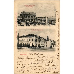 1901 Szolnok, Steiner Jakab Fiai divatáruháza, üzletek, piac, Pályaudvar, vasútállomás. Szigeti H. udvari fényképész ...