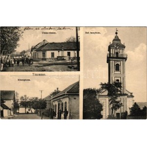 1929 Tiszasas, utca részlet, Református templom, Községháza (EK)
