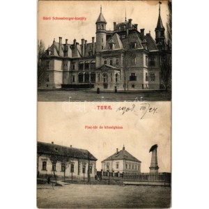 1908 Tura, Báró Schossberger kastély, Piac tér, Községháza + KASSA - BUDAPEST 10. SZ. vasúti mozgóposta bélyegző ...