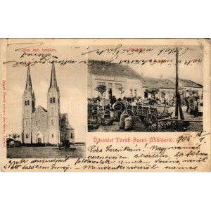 1905 Törökszentmiklós, Római katolikus templom, Piac tér, Külley Béla üzlete, piac. Szigeti Henrik udv...