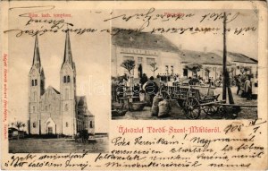 1905 Törökszentmiklós, Római katolikus templom, Piac tér, Külley Béla üzlete, piac. Szigeti Henrik udv...
