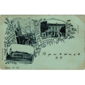 1902 Vác, Fegyház udvara, Piaristák temploma, indóház, vasútállomás. Pick Testvérek, Beck Iván kiadása. Art Nouveau...