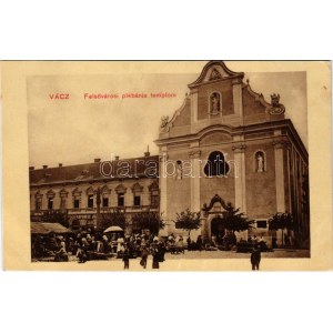 Vác, Felsővárosi plébániatemplom, piac, Kopunecz József üzlete. W.L. (?) 18610. (EK)