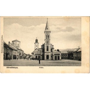 Abrudbánya, Abrud; Fő tér, templomok, Molnár Árpád üzlete. Skalangya József kiadása / main square, churches, shops (fl...