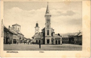 Abrudbánya, Abrud; Fő tér, templomok, Molnár Árpád üzlete. Skalangya József kiadása / main square, churches, shops (fl...