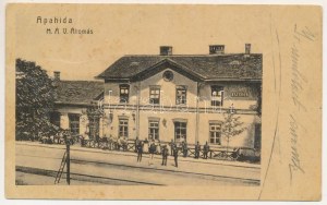 1909 Apahida, Bruckendorf (Kolozsvár, Cluj); MÁV állomás, vasútállomás, vasutasok. Bär H. kiadása / railway station...