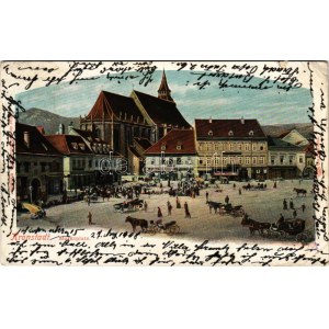 1908 Brassó, Kronstadt, Brasov; Piac tér, J. L. &amp; A. Hesshaimer, Heinrich Wagner, Wilhelm Scherg üzlete ...