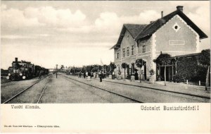 Buziásfürdő, Baile Buzias; vasútállomás, gőzmozdony, vonat. Nosek Gusztáv kiadása / railway station, locomotive...