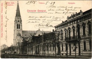 1905 Detta, Ghedu, Deta; Római katolikus templom, Fő utca, gyógyszertár. Csokány kiadása / Catholic church, main street...