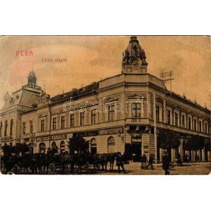 Déva, Fő tér, városháza, Lobstein Vilmos, Holtzer Károly, Szőcs F. Lajos, Hirsch Testvérek üzlete, lovaskocsik. No. 491...