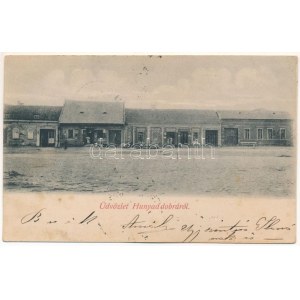 1908 Dobra, Hunyaddobra (Hunedoara); utcakép, Petrovits József üzlete, gyógyszertár. Adler fényirda kiadása / street...