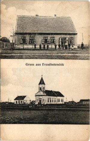 Erzsébetemlék (Szakálháza, Sacalaz); üzlet, templom. Kugel Károly felvétele / shop, church (fa...
