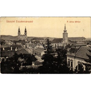 1907 Erzsébetváros, Dumbraveni; látkép, templomok. 1828. (W.L. ?) / general view, churches (EB)