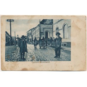 1940 Felsővisó, Viseu de Sus; utca részlet télen, zsinagóga / street view in winter, synagogue (fa...