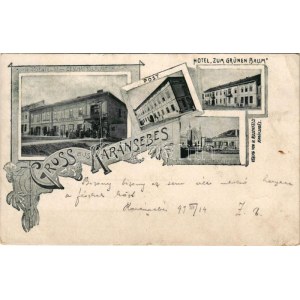 1899 Karánsebes, Caransebes; Hotel zum grünen Baum, Post, Isr. Tempel u. Umgebung, H. Rosenfelds Geschaftslocale ...