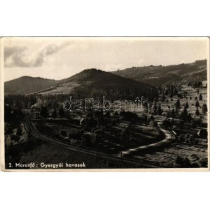 1945 Marosfő, Izvoru Muresului; Gyergyói-havasok, vasútállomás, vonat, gőzmozdony / Muntii Giurgeu / mountain...