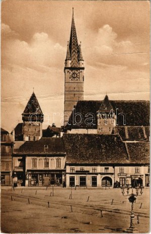 1947 Medgyes, Mediasch, Medias; Piata Regele Ferdinand. Hans Harth / Ferdinand király tér, M. Hann fodrász üzlete ...