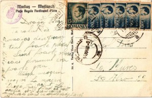 1947 Medgyes, Mediasch, Medias; Piata Regele Ferdinand. Hans Harth / Ferdinand király tér, M. Hann fodrász üzlete ...