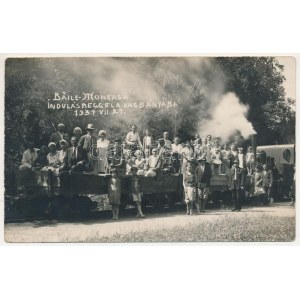 1931 Menyháza, Monyásza, Moneasa; indulás reggel a vasbányába, iparvasút, gőzmozdony, vonat ...