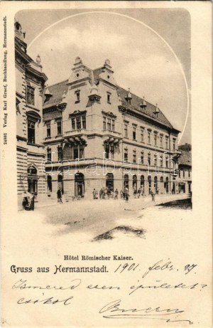 1901 Nagyszeben, Hermannstadt, Sibiu; Hotel Römischer Kaiser / szálloda, divat üzlet. Karl Garef kiadása / hotel...